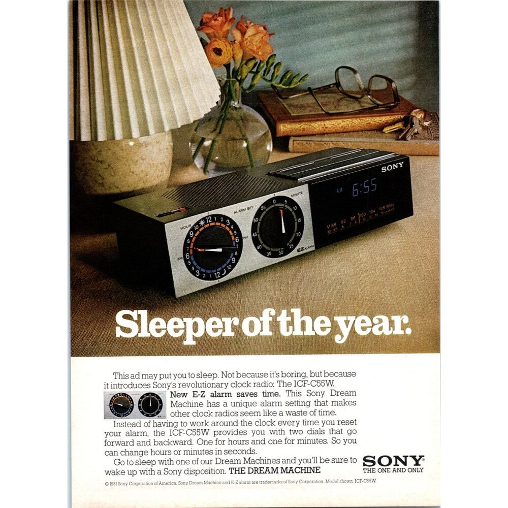 1981 Sony Dream Machine Clock Radio ICF-C55W Vintage Print Ad Sleeper Wall Art